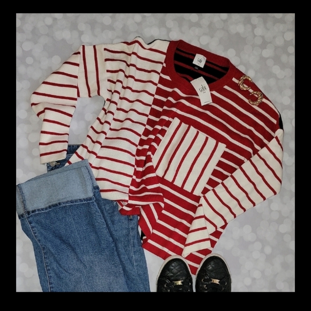 Cabi 5635 Pocket Pullover Red and White Striped Sweater